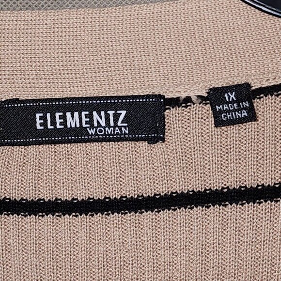 Elementz Womens Striped Pullover Sweater Cotton Blend Black‎ Beige Size 1X - Picture 2 of 11